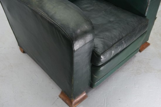 Fauteuil Club En Cuir Vert époque  Art Déco 1940