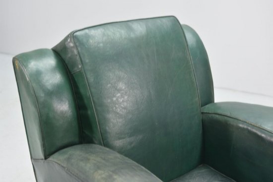 Fauteuil Club En Cuir Vert époque  Art Déco 1940
