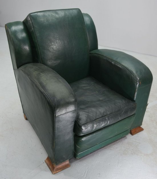 Fauteuil Club En Cuir Vert époque  Art Déco 1940