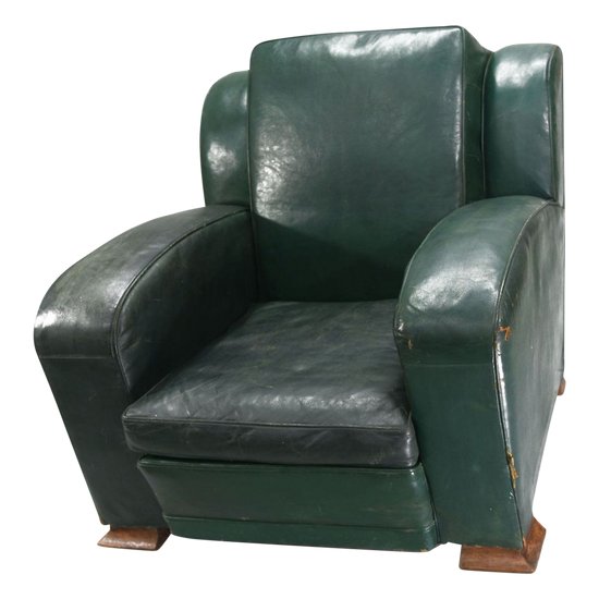 Fauteuil Club En Cuir Vert époque  Art Déco 1940