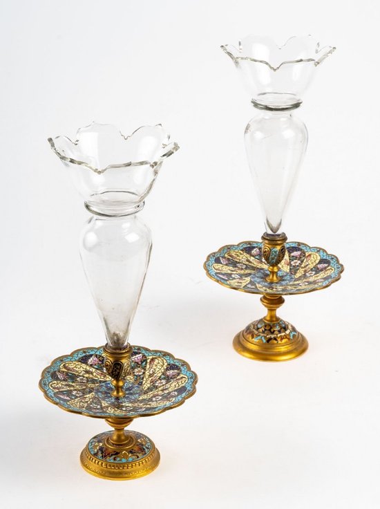 Pair Of Crystal Cups With Gilded Bronze Base And Cloisonné Enamel Late 19th Century