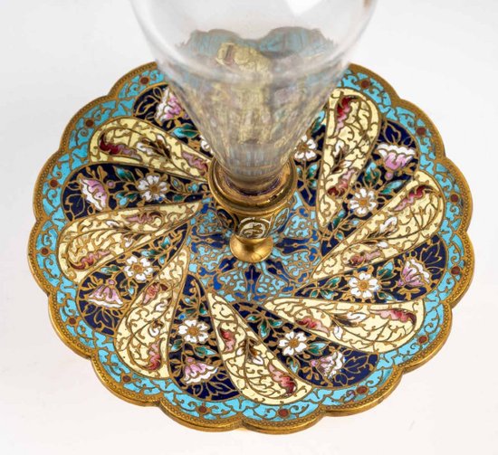 Pair Of Crystal Cups With Gilded Bronze Base And Cloisonné Enamel Late 19th Century
