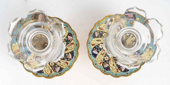 Pair Of Crystal Cups With Gilded Bronze Base And Cloisonné Enamel Late 19th Century