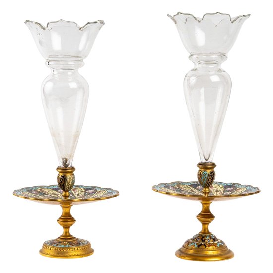 Pair Of Crystal Cups With Gilded Bronze Base And Cloisonné Enamel Late 19th Century