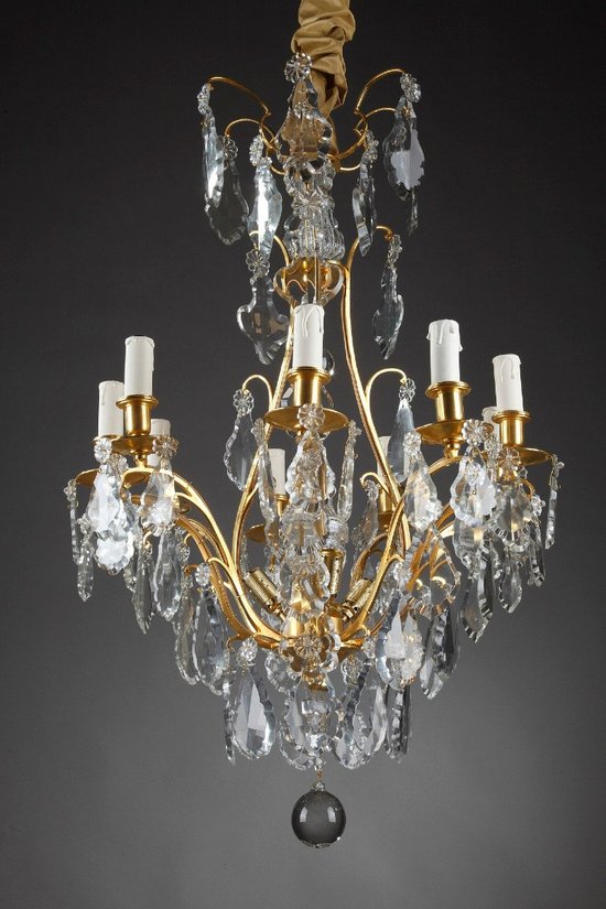 Eight Arm Gilt Bronze Chandelier With Tassels