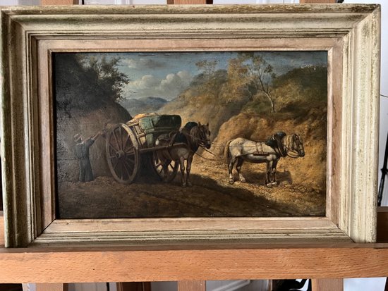 Dipinto ad olio scena rurale con cavalli di Georges Crinier XIX secolo