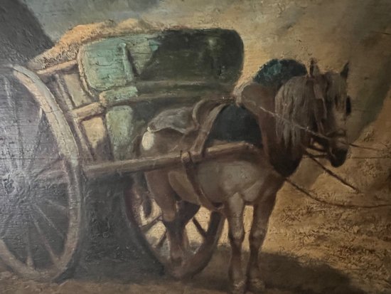 Dipinto ad olio scena rurale con cavalli di Georges Crinier XIX secolo