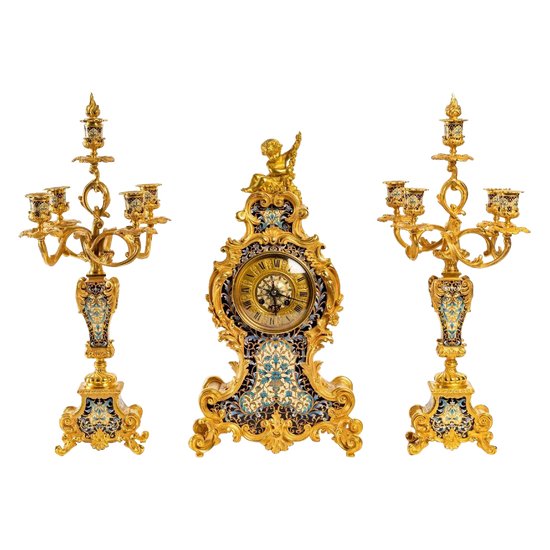 Belle Garniture En Bronze Doré Et émail Cloisonné Fin XIX