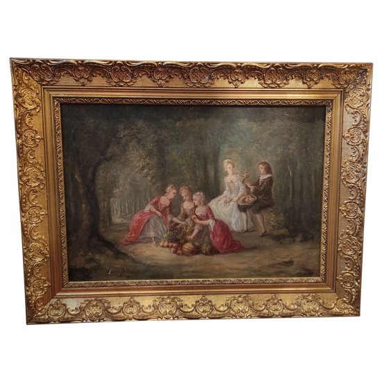 A Pair Of Oil On Canvas Galant Country Scene Late 19th Century