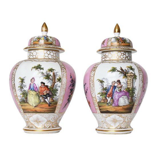 Pair of covered vases in Dresden porcelain the workshop of Helena Wolfsohn