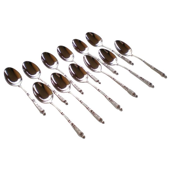 12 silver plated mocha spoons brand SFAM handles said Russian