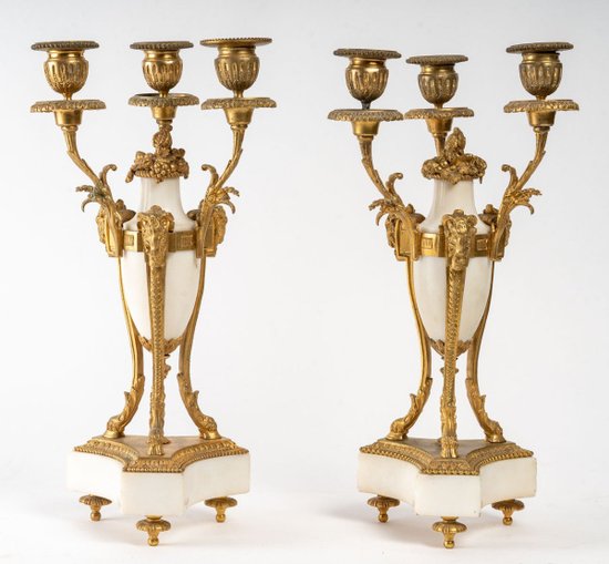 Pair Of Candelabras In Gilt Bronze And White Marble 19th Century