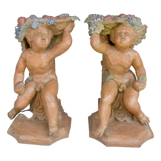 Coppia Di Bacco Bambini In Terracotta Policroma