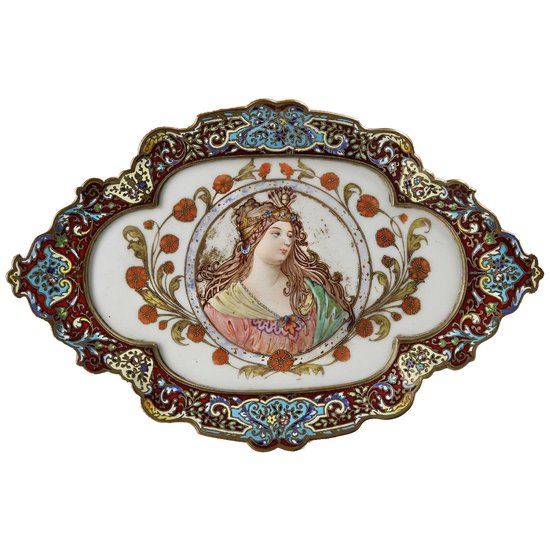 Une Coupe En Bronze CloisonnÉe Et Plaque En Porcelaine XIXÈme SiÈcle