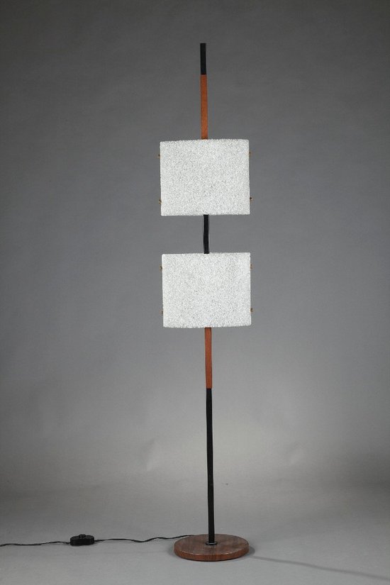 Scandinavian Floor Lamp In Black Lacquered Steel And Teak With Two Diffusers