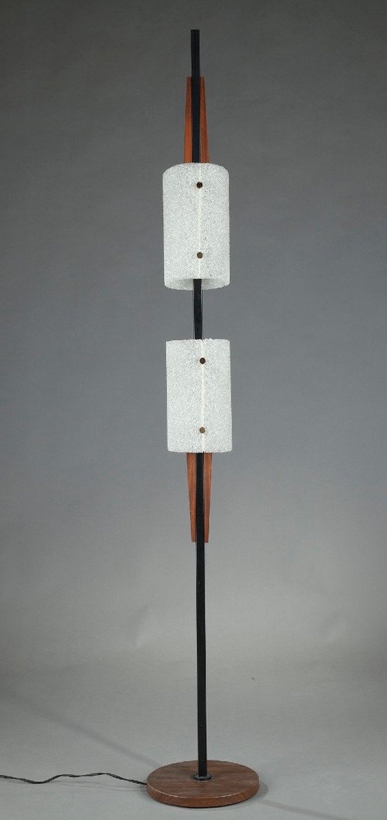 Scandinavian Floor Lamp In Black Lacquered Steel And Teak With Two Diffusers