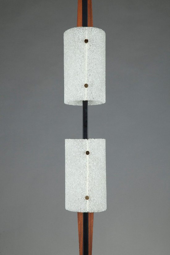 Scandinavian Floor Lamp In Black Lacquered Steel And Teak With Two Diffusers