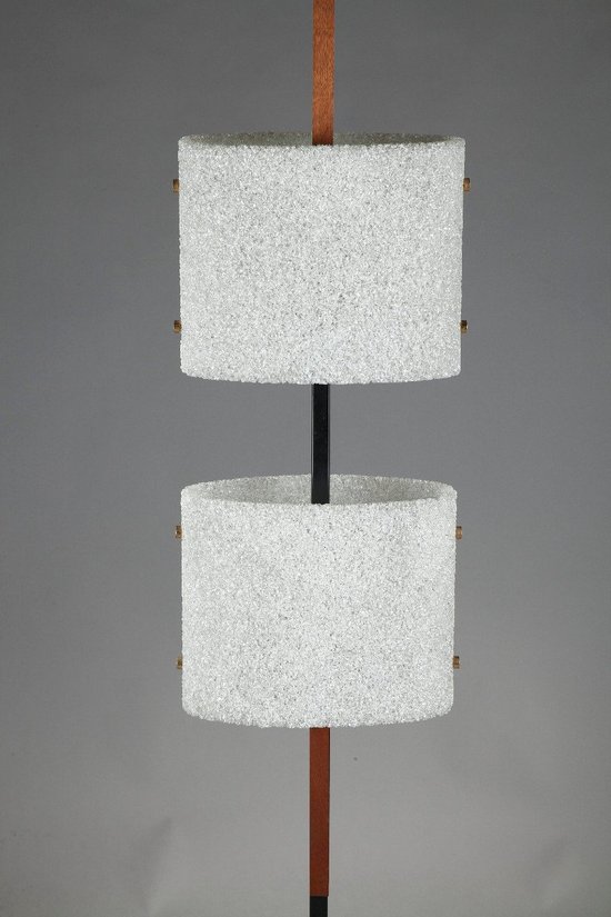 Scandinavian Floor Lamp In Black Lacquered Steel And Teak With Two Diffusers
