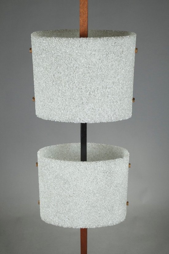 Scandinavian Floor Lamp In Black Lacquered Steel And Teak With Two Diffusers