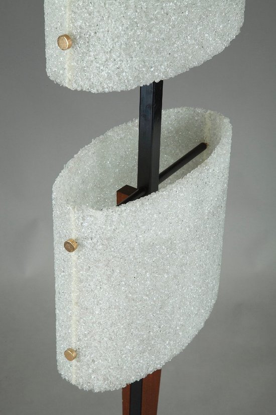 Scandinavian Floor Lamp In Black Lacquered Steel And Teak With Two Diffusers
