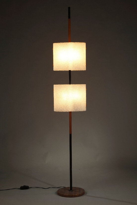Scandinavian Floor Lamp In Black Lacquered Steel And Teak With Two Diffusers