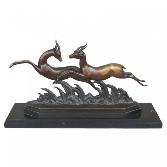 Bronze Black Marble Base Art Deco 1930 With Gazelles By Alliot