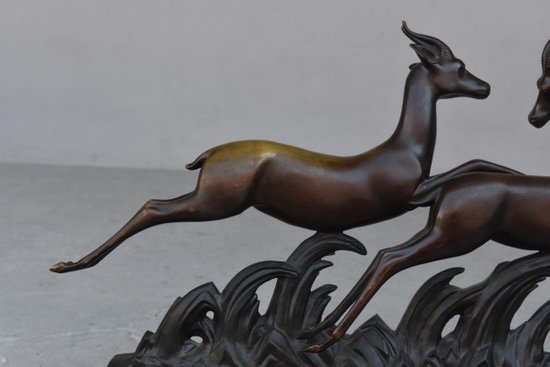 Bronze Black Marble Base Art Deco 1930 With Gazelles By Alliot