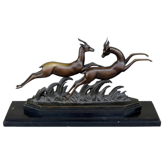 Bronze Black Marble Base Art Deco 1930 With Gazelles By Alliot