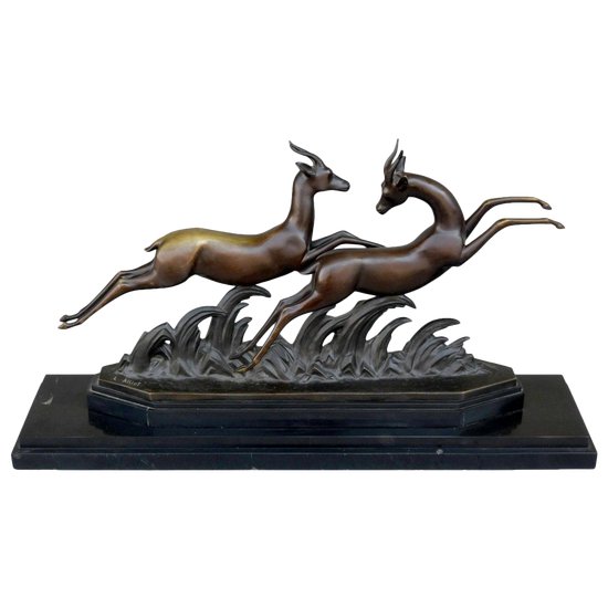 Bronze Socle Marbre Noir Art Déco 1930 Aux Gazelles Par Alliot