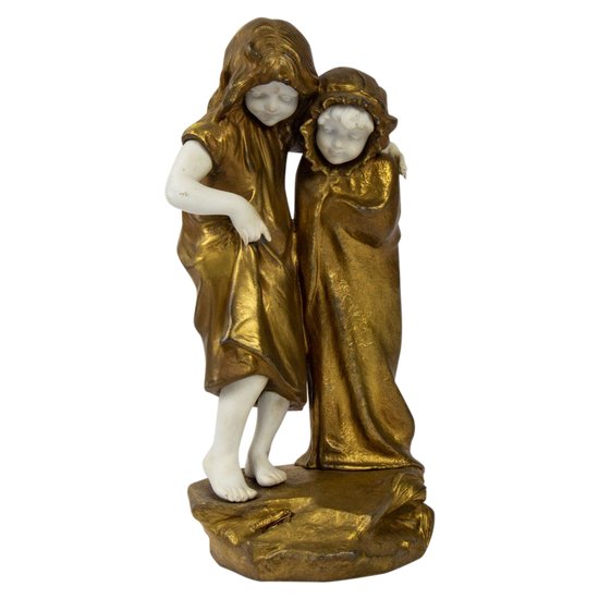 Mednat Figurine, In Spelter And Biscuit Representing Two Girls, XIXth Time