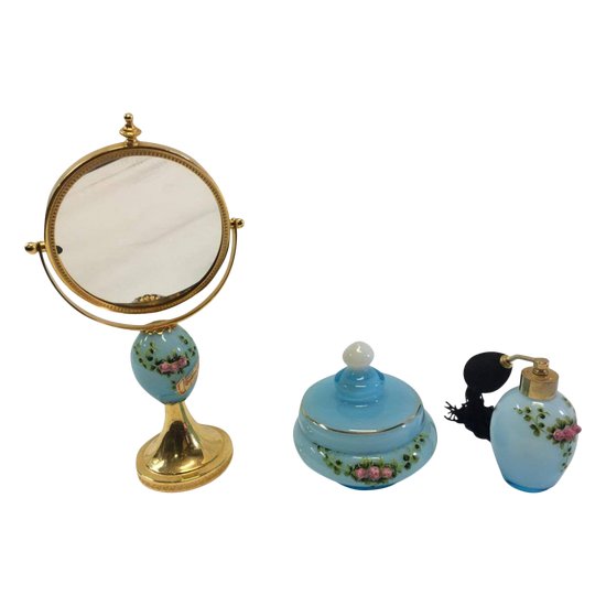 Hand Painted Opaline Milky Blue Three Piece Toilet Set