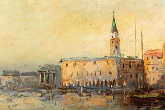 Vue De Venise, olio su tela, firmato da Robert Mogisse, XX secolo
