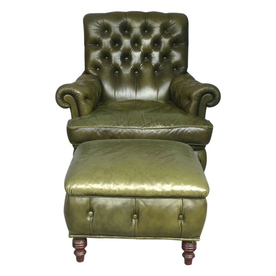 Olivgrüner Chesterfield-Ledersessel und Pouf