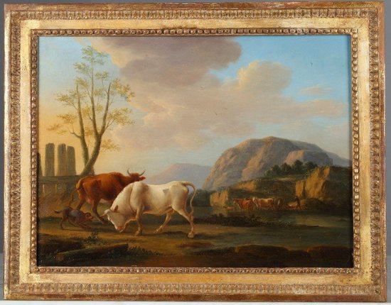 "Landschaften mit Kühen", ein Paar Ölgemälde auf Tafeln, signiert Dieboldt