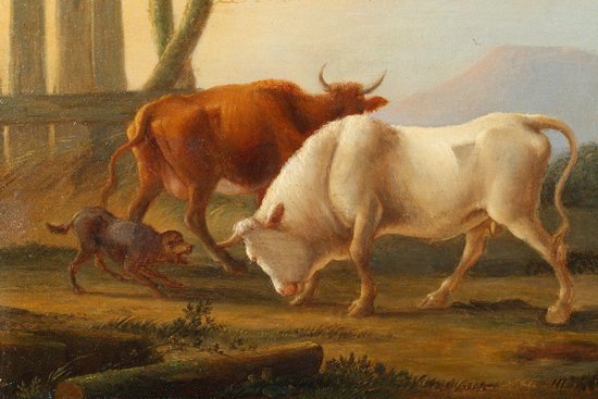 "Landschaften mit Kühen", ein Paar Ölgemälde auf Tafeln, signiert Dieboldt