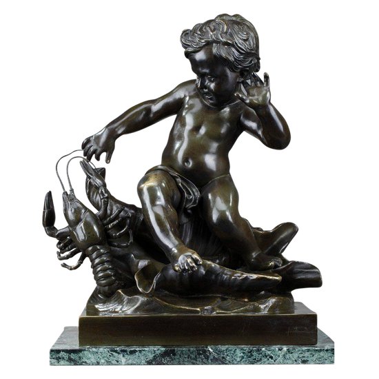 Scultura in bronzo, "bambino pizzicato da un gambero" dopo Jean-Baptiste Pigalle, XIX secolo