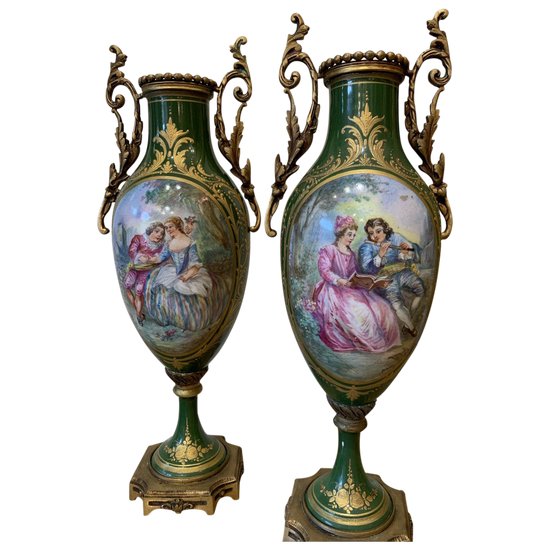 Pair Of Sèvres Porcelain Vases Decorated With Galant Scenes, Napoleon III period