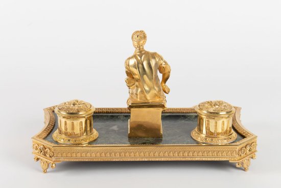 Gilt Bronze And Green Marble Inkwell Representing The Thinker After Michelangelo