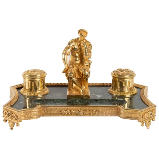 Gilt Bronze And Green Marble Inkwell Representing The Thinker After Michelangelo