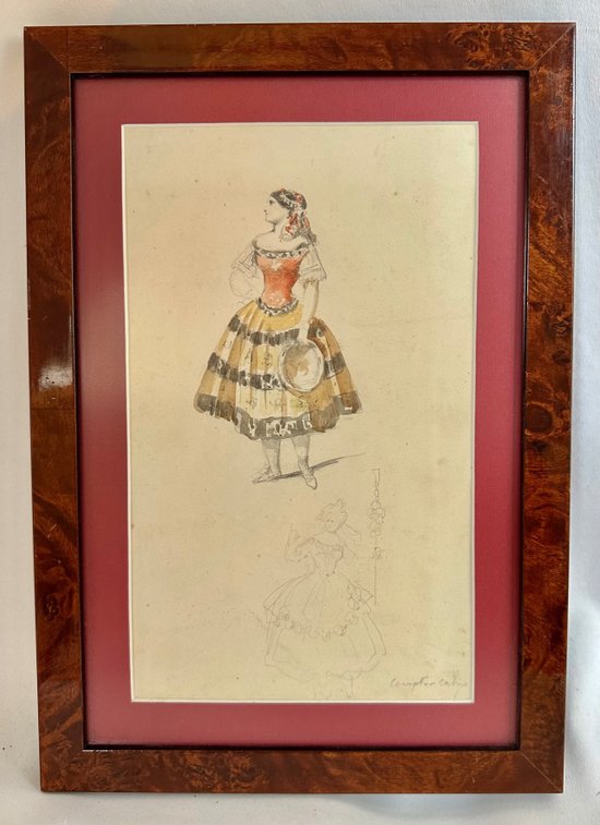 Acquerello e disegno di François Compte Cadiz, "Ragazza con tamburello", XIX secolo
