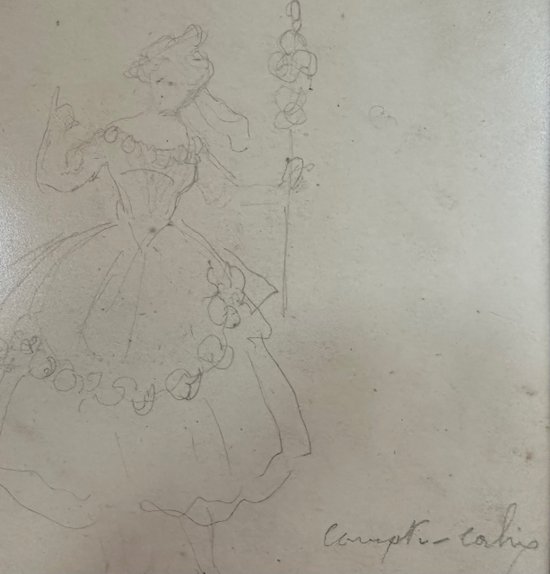 Acquerello e disegno di François Compte Cadiz, "Ragazza con tamburello", XIX secolo