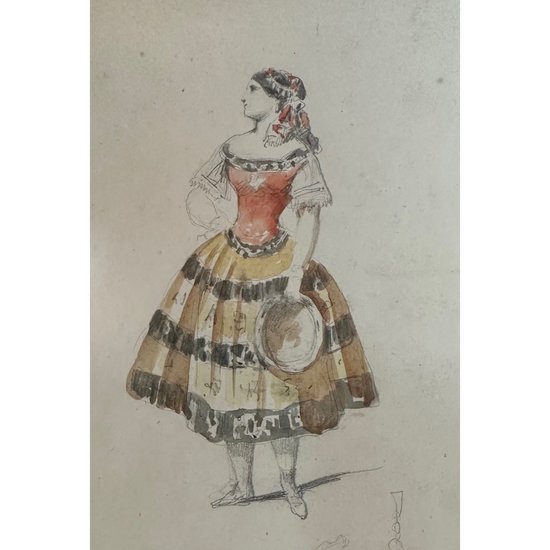Acquerello e disegno di François Compte Cadiz, "Ragazza con tamburello", XIX secolo