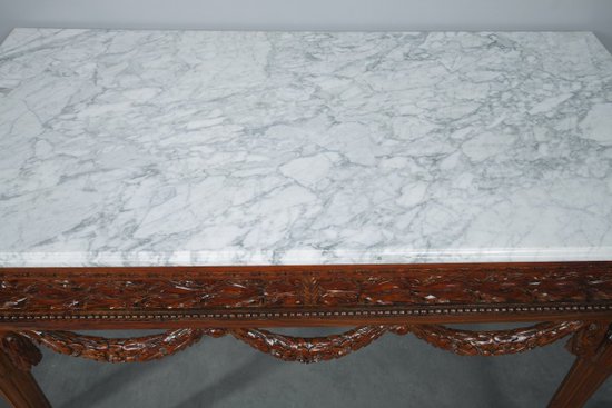 Coppia di console in noce e marmo in stile Luigi XVI