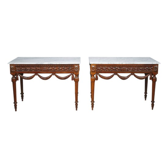 Pair Of Louis XVI Style Consoles In Walnut And Marble