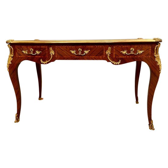 Maurice Rinck, Louis XV Style Flat Desk In Gilded Bronze Marquetry About 1900 Stamped