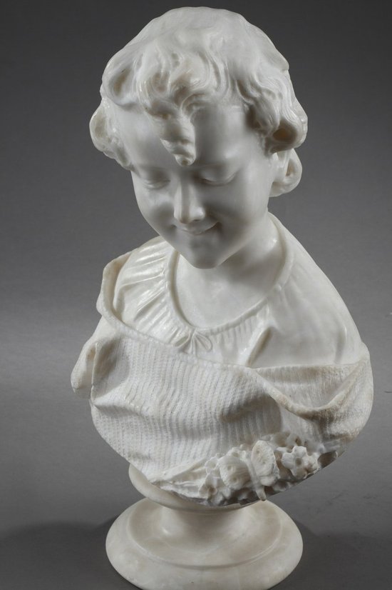 Alabaster Sculpture : Bust Of A Young Girl, 19th Century