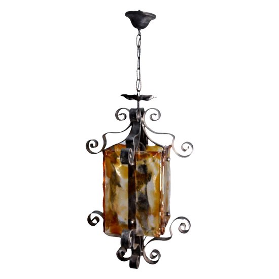 set of 3 Wrought Iron Outdoor Lanterns Colorful Glass Face