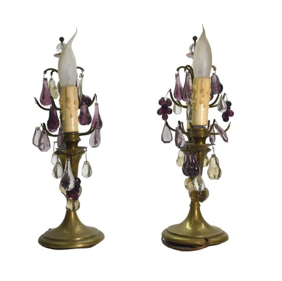 Pair Of 2 Branch Brass And Glass Girandoles With Fruit Design
