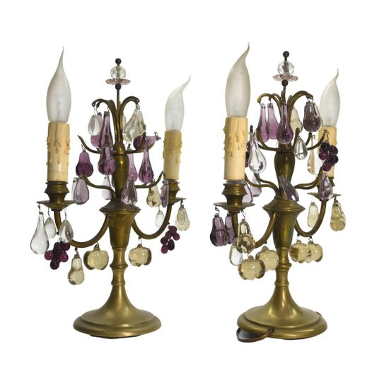 Pair Of 2 Branch Brass And Glass Girandoles With Fruit Design