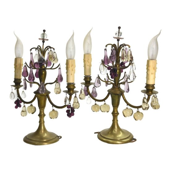 Pair Of 2 Branch Brass And Glass Girandoles With Fruit Design